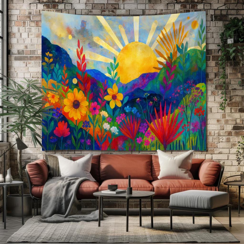 Colorful Floral Sunrise Tapestry Boho Nature Wall Art