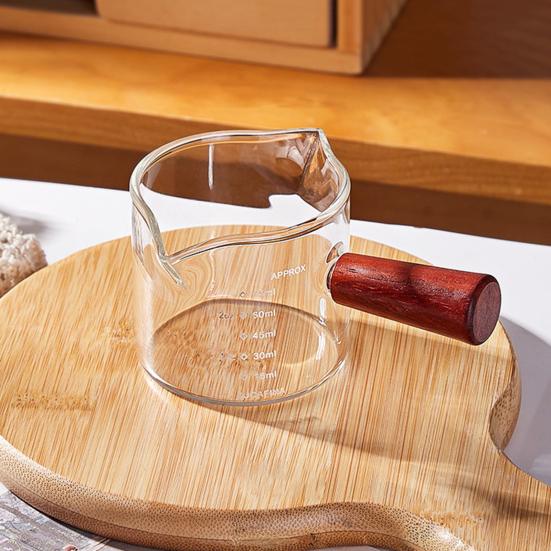 Glass Measuring Cup with Wood Handle Espresso Milk Coffee Mug 100ml Double Scale Clear Coffee Brewing Supplies