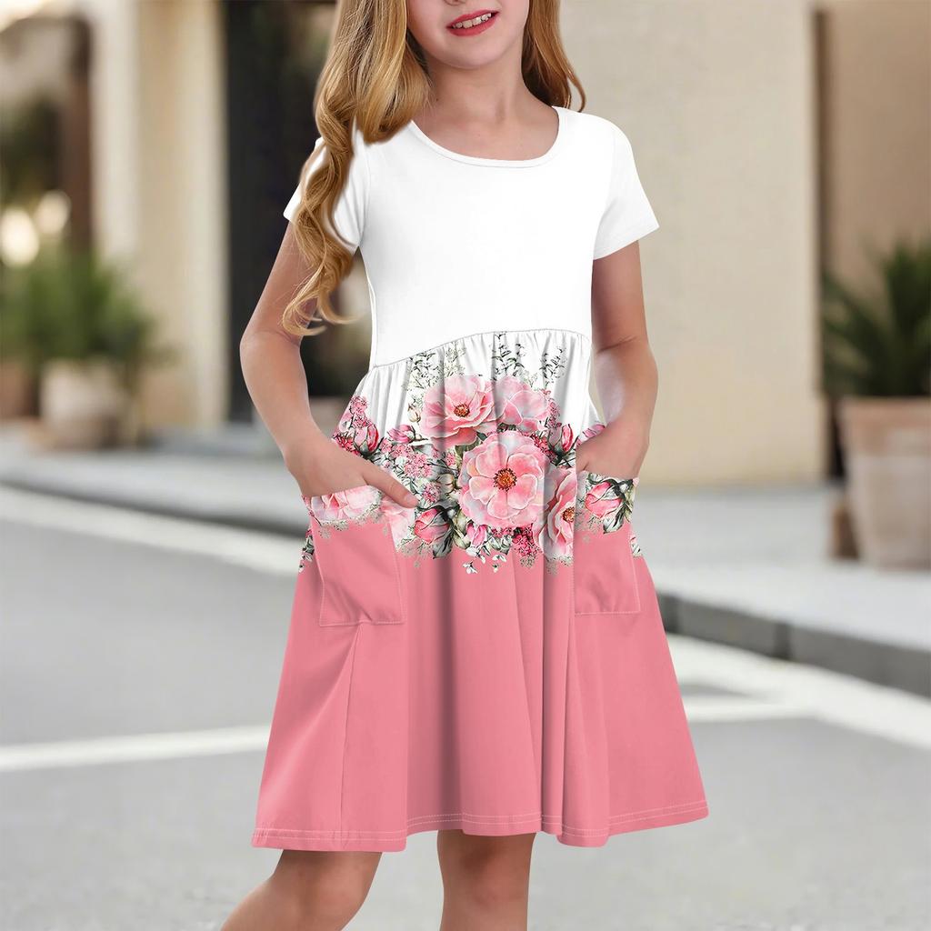 Children's Skirt Round Neck Short Sleeve Princess Dress Fashion Casual Pocket Dress For Girls