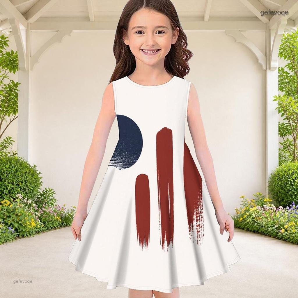 Girls White Round Neck Sleeveless American Flag Printed A Line Flared Dress