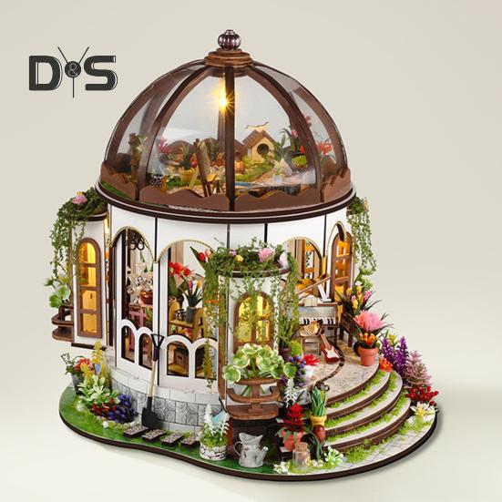 1 комплект DIY Mini Greenhouse Kit со светодиодной подсветкой Мебель для детей и взрослых, ручная работа Деревянный крошечный садовый домик Строительная модель Кукольный домик Украшения