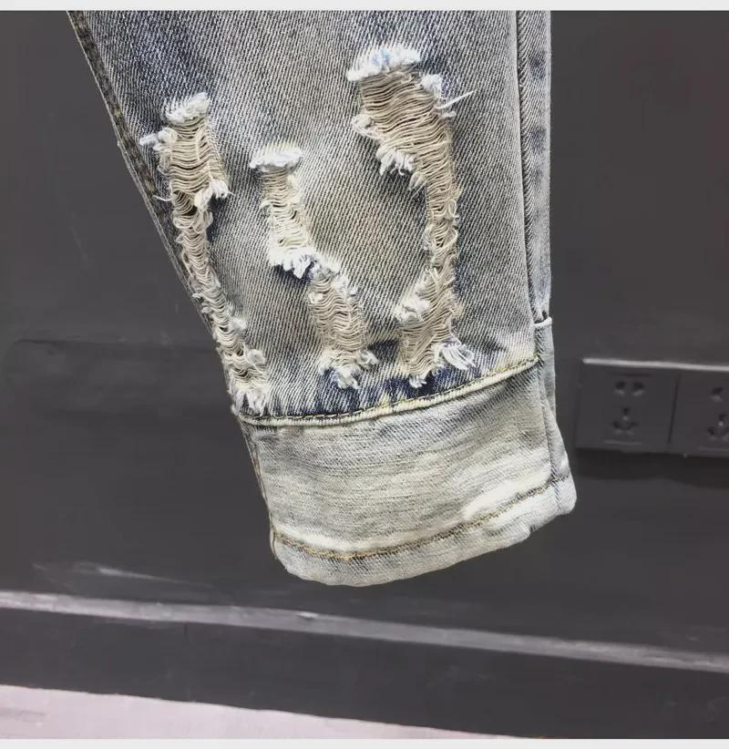 Мужская летняя мода 2024 года: Модные рваные джинсовые брюки Nine-Point