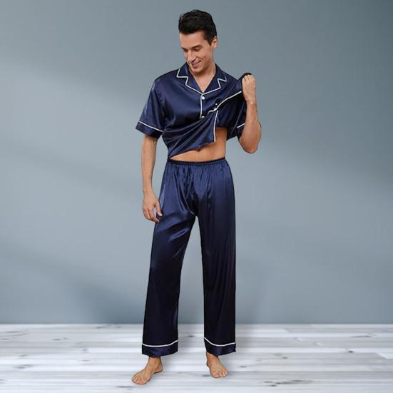 2Pcs/Set Silk Satin Men Pajama Set Notch Collar Button Down Pajama Top with Chest Pocket