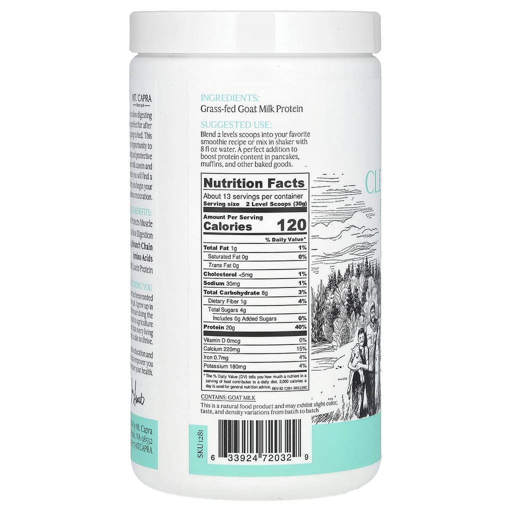 Mt. Capra Clean, Natural Protein, Unsweetened, 14.1 Oz (400 G)