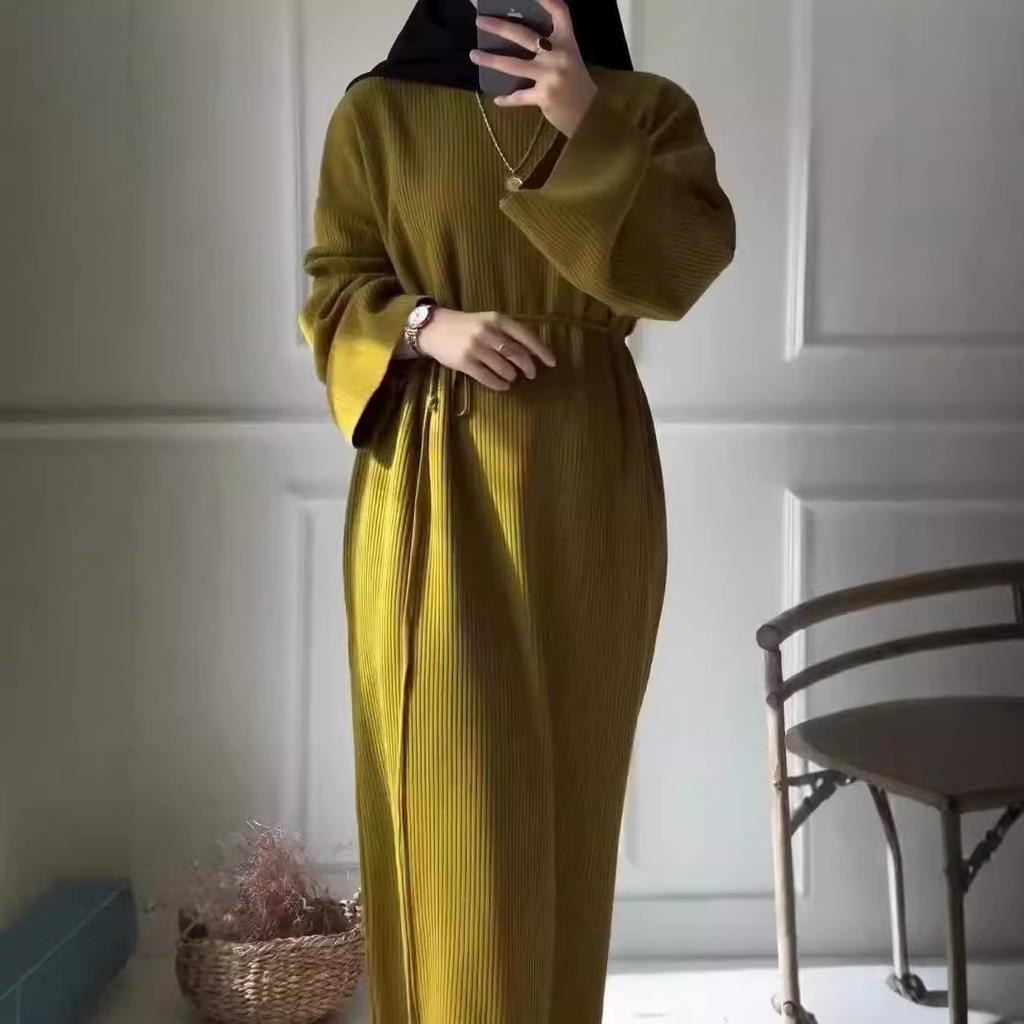 Женское платье больших размеров, новое осеннее, свободное, повседневное, с завязками, круглым вырезом и длинными рукавами