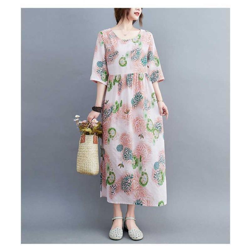 Летние новые большие размеры свободные тонкие круглые вырезы рукава пять минут женские платья для уменьшения возраста