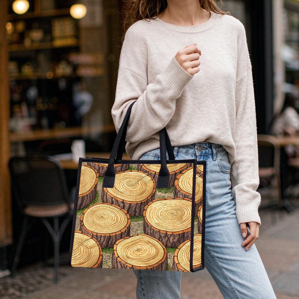 Wood Slice Print Women Shoulder Bag Fashion Portable Casual Daily Shopping Tote Handbag