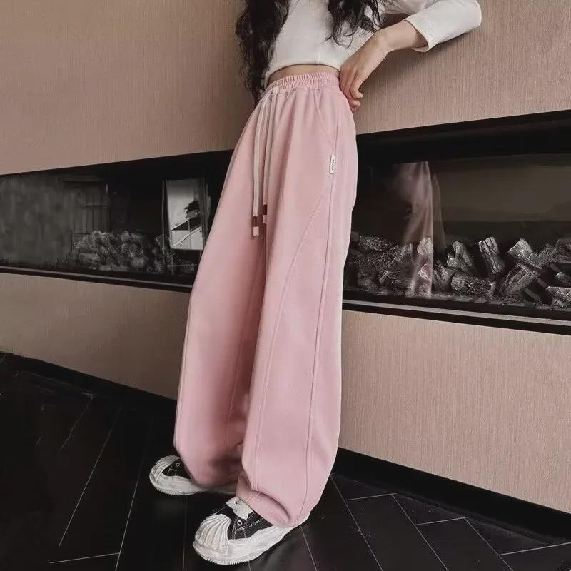 2024 Розовые спортивные штаны для девочек с широкими штанинами: Осенне-зимний повседневный спортивный стиль для детей среднего и крупного возраста