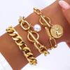 Ingemark Boho Imitation Pearl Chain Coin Pendant Bracelets Set for Women on Hand Vintage Snake Link Bangles Couple Wrist Jewelry