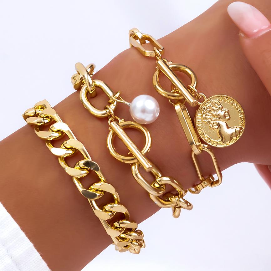 Ingemark Boho Imitation Pearl Chain Coin Pendant Bracelets Set for Women on Hand Vintage Snake Link Bangles Couple Wrist Jewelry