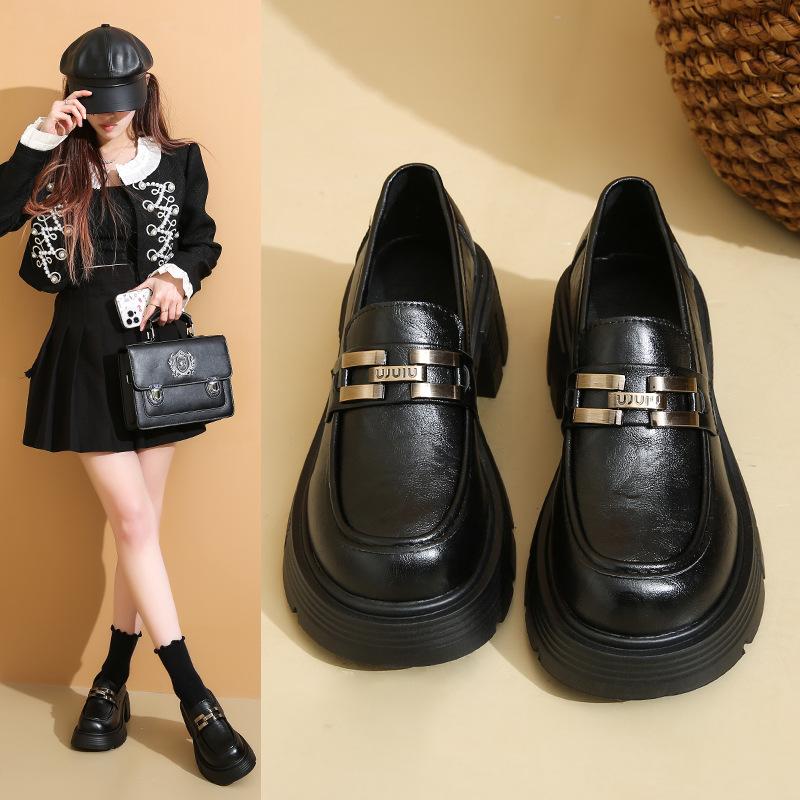 Black Retro British Style Loafer Single Shoes Women's 2025 Spring and Autumn New Thick Heel Thick Sole Height Increase with Skirt Small Leather Shoes