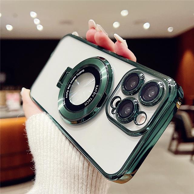 Роскошный чехол для iPhone 15 Pro Max с магнитной рамкой с гальваническим покрытием Magsafe и подставкой для телефона для iPhone 11 12 13 14 15 16 Plus Защитная крышка