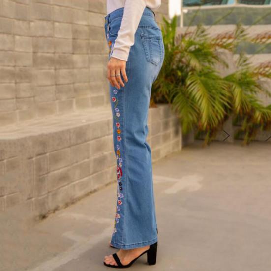 Yousheng Women Jeans Floral Embroidery Flared Leg Button Zipper Closure with Pockets Mid Waist Plus Size Long Trousers for Dating Daily Wear Commuting