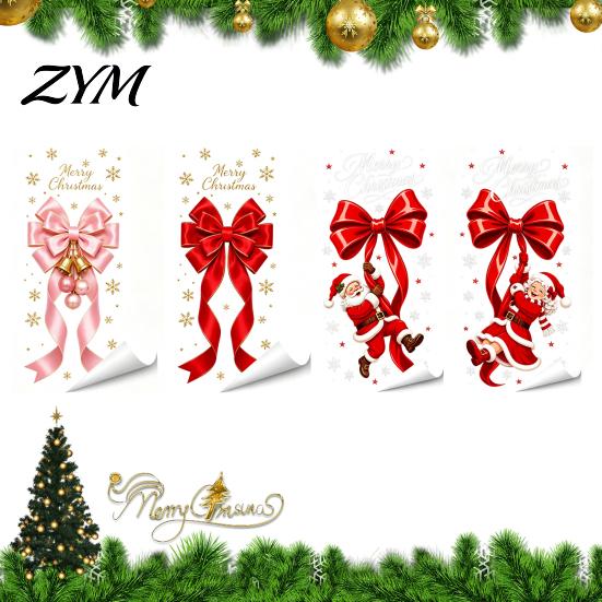 Santa Claus Glass Stickers Static Sticker, Christmas Theme Bow Pattern Print, Removable Winter Holiday Window Art Electrostatic PVC Film for Home And