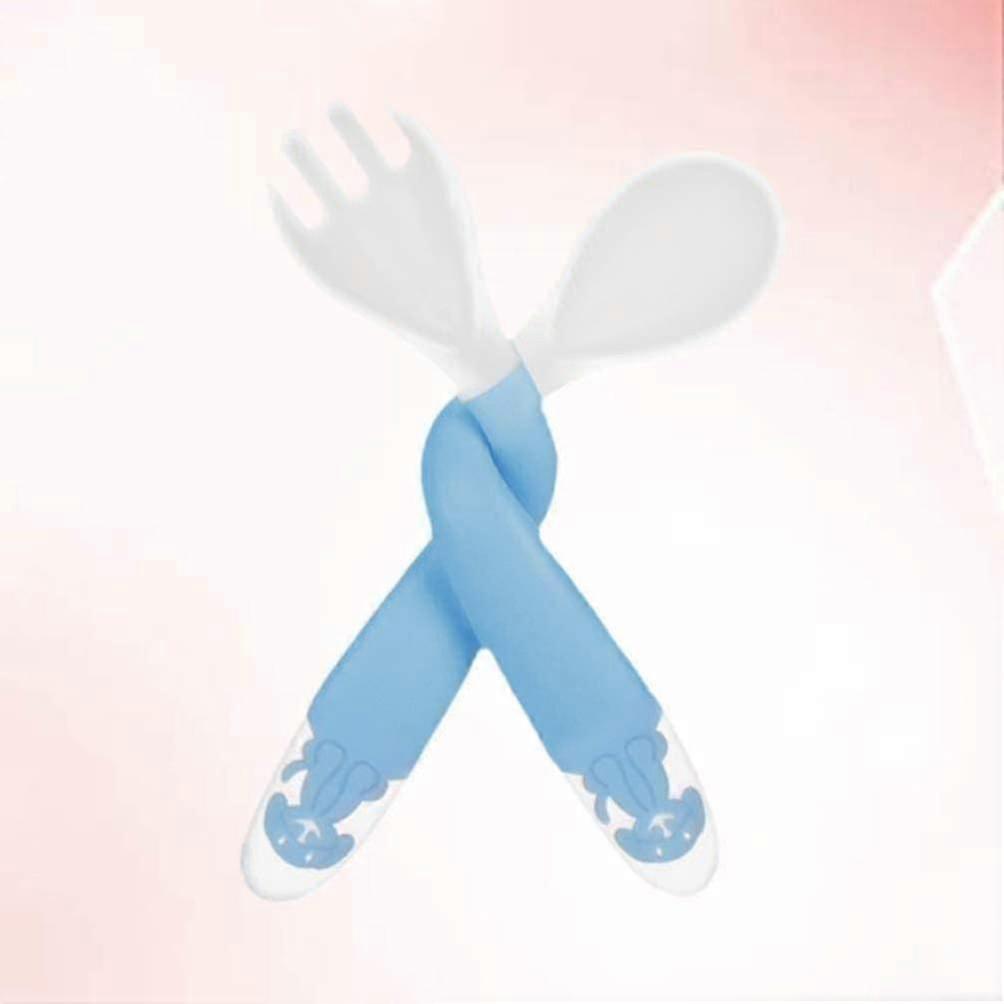 Feeding Fork Spoon Flatware Cartoon Silicone Dishware Flexible Spoon For Infants Baby Home Toddlerblue, White2pcs