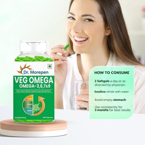 DR. MOREPEN Veg Omega 3 6 7 9 Capsules 500mg Flax Seed, Black Seed & Sea Buckthorn - 60 Veg Capsules