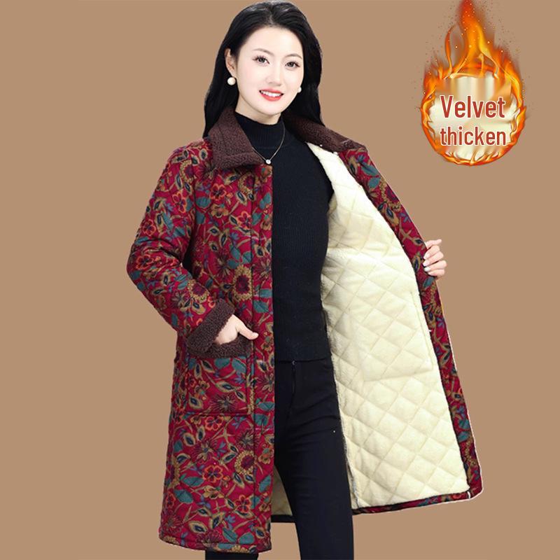 Женское хлопковое пальто средней длины с цветочным принтом и флисовой подкладкой - Зимний утепленный стиль для женщин среднего и пожилого возраста
