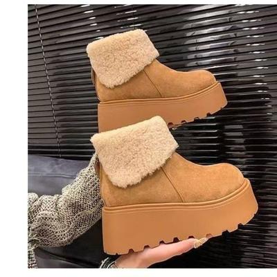 Толстоподошвенные увеличивающие рост пушистые зимние сапоги для женщин, новые зимние, с набивкой и утолщенные, теплые, на платформе, большеголовые хлопковые туфли
