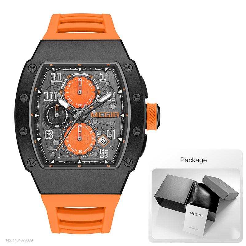 MEGIR Chronograph Quartz Watch for Men Luxury Stainless Steel Quartz Wristwatch with Luminous Hands Auto Date Blue Silicone Band