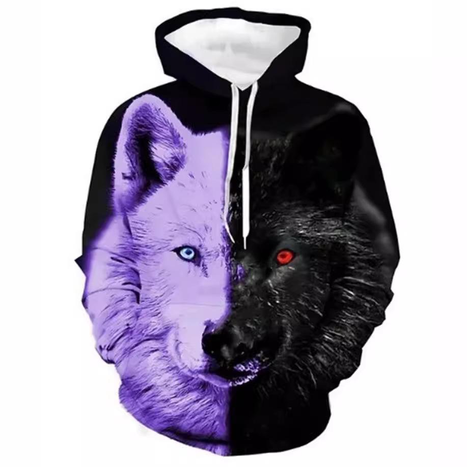 Весенне-осенний сезон, новый уличный тренд, 3D цифровой принт головы волка, мужской повседневный свитер с капюшоном и длинными рукавами