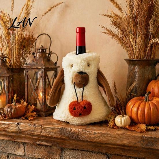 Party Wine Bottle Accessory Halloween Ghost Fleece Bag, Cute Plush Holiday Decor Cover for Dinner Table, Decoration Soft Cotton Velvet Sleeve