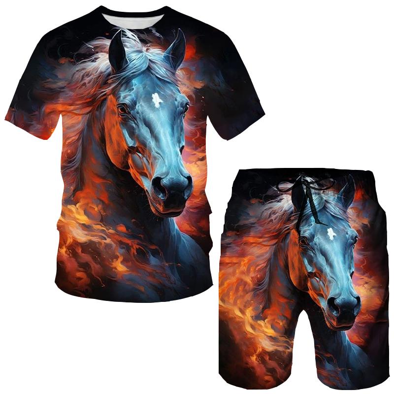 Летние животные лошади 3D принт футболки шорты комплекты мужские спортивные костюмы свободные футболки с коротким рукавом брюки комплект мужские костюмы одежда
