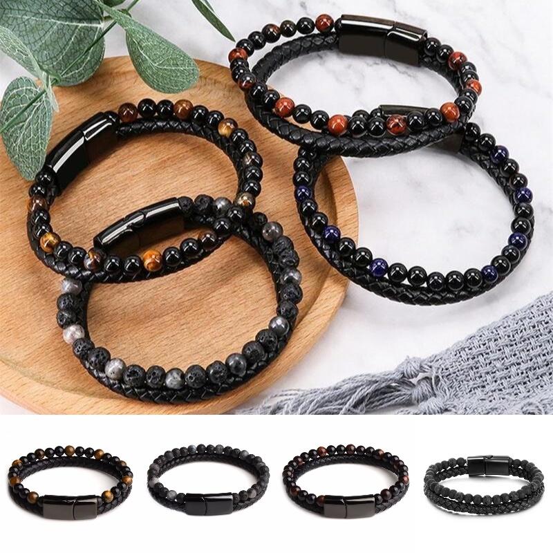 Изысканный мужской браслет с бусинами из вулканического камня, застежкой из сплава и прочной искусственной кожей