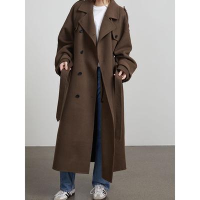 Уличное женское шерстяное пальто с поясом, свободными лацканами, двубортное длинное пальто с длинными рукавами 2024 года, осенне-зимнее женское пальто-тренч