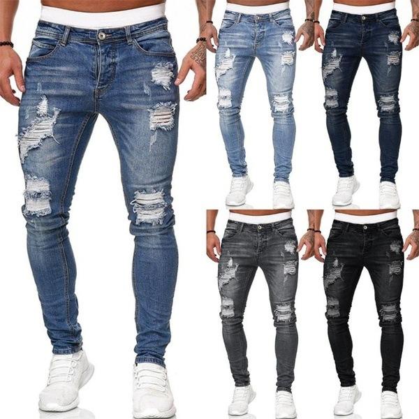 New Men's Trousers Fashion Denim Men's Trousers Broken Holes Trend Black Slim Denim Leggings Male