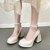 Women High Heels Elegant Pearl Ankle Strap Wedding Shoes French Round Toe Beige Sandals Women Square Heel Party Dress Pumps