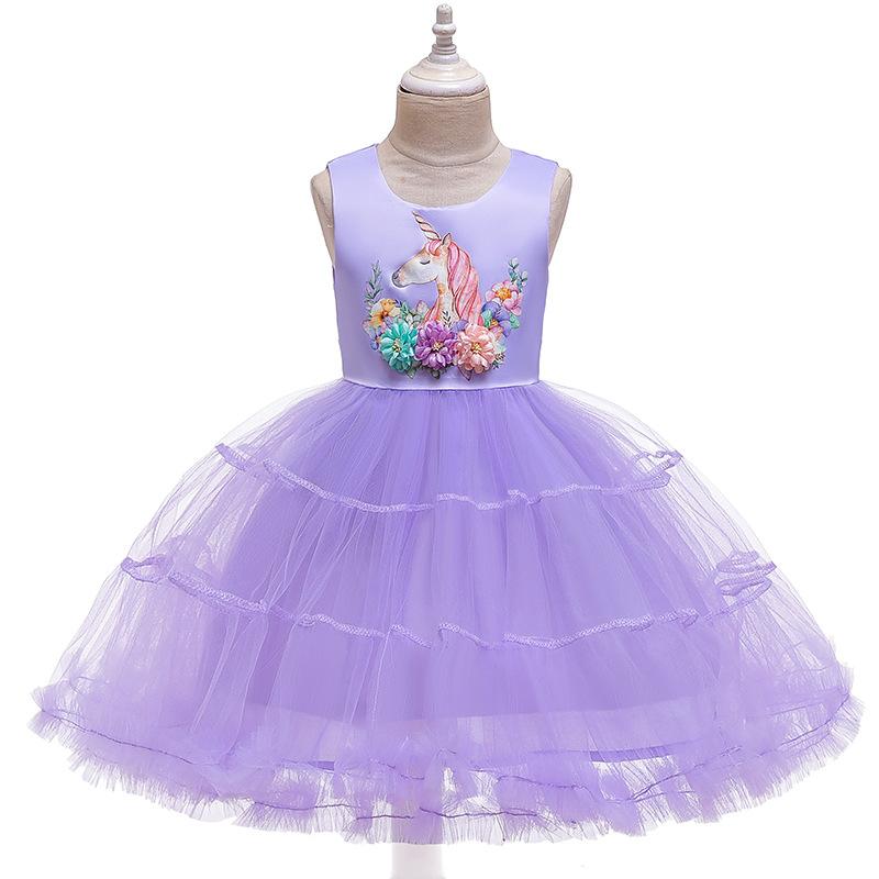 Платье принцессы с единорогом и цветочным принтом для девочек, весенне-летнее праздничное платье из смеси хлопка и сетки, асимметричное платье А-силуэта без рукавов, нарядное платье для детей 3-8 лет, румянец