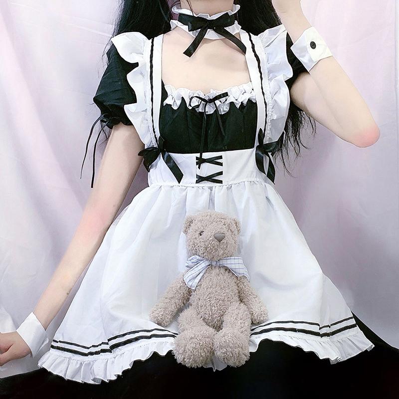 Black Cute Lolita Maid Costumes Girls Women Lovely Maid Cosplay Costume Dress