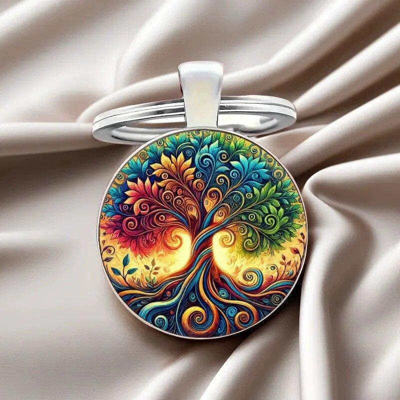 Life Tree Glass Pendant Keychain With Vibrant Line Design For Celebration And Souvenir Use