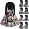 Christmas Print Flare Dress For Women Long Sleeve Dress Hollow Party Casual Dresses