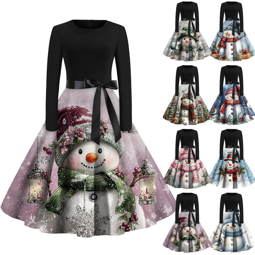 Christmas Print Flare Dress For Women Long Sleeve Dress Hollow Party Casual Dresses