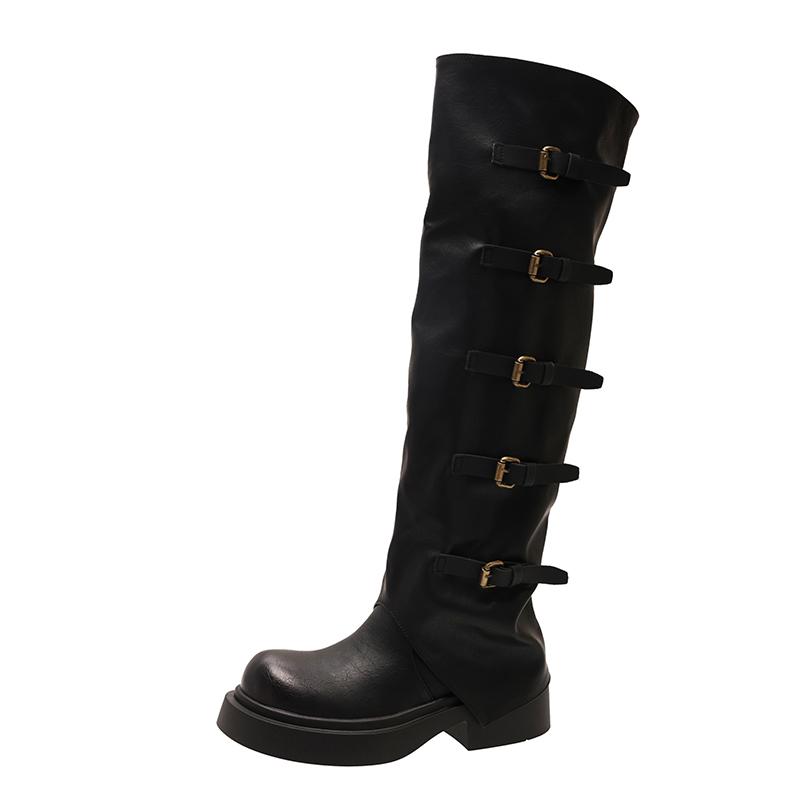 2024 Новые сапоги для снега до колена в стиле панк для женщин, высокие сапоги, трендовая зимняя обувь, новые дизайнерские туфли, модные, массивные, повседневные, мотоциклетные
