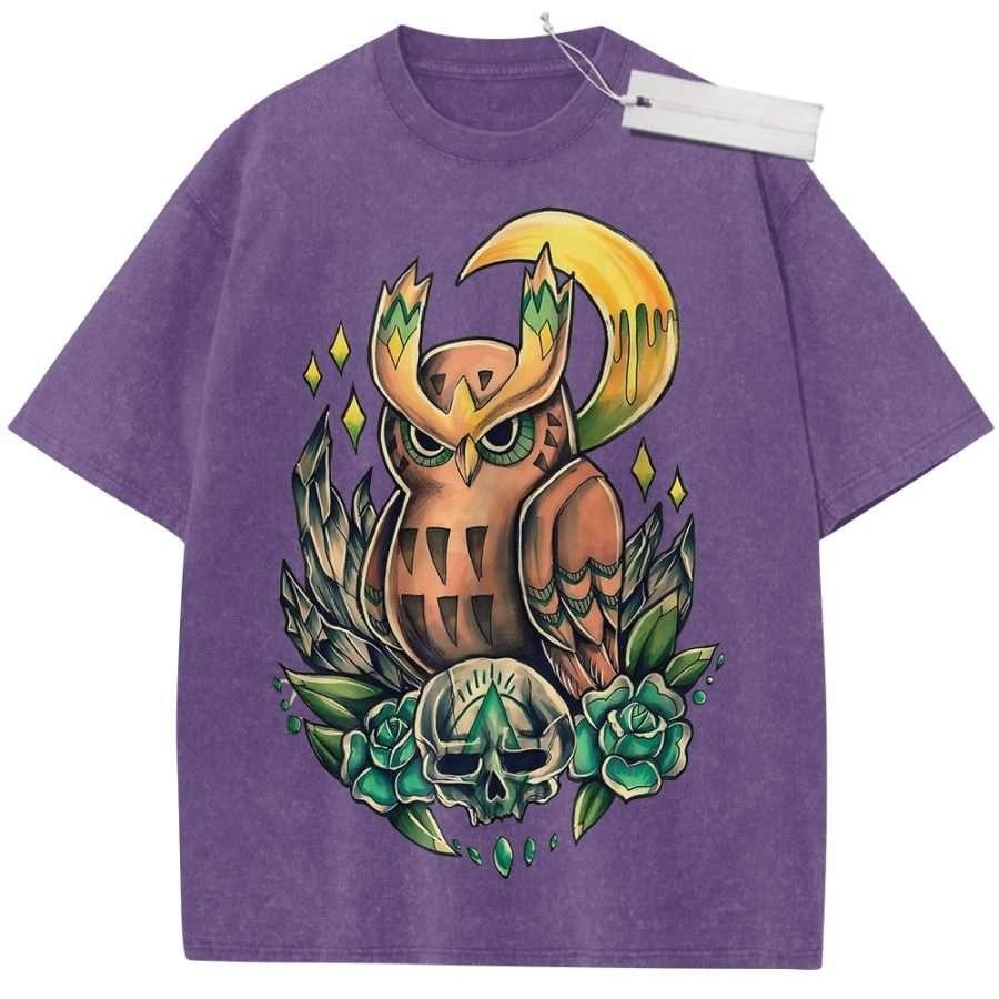 Unisex Washed Beige Vintage T Shirt Original Owl Skull Moon High Quality Fabric for Home Leisure Travel Shopping