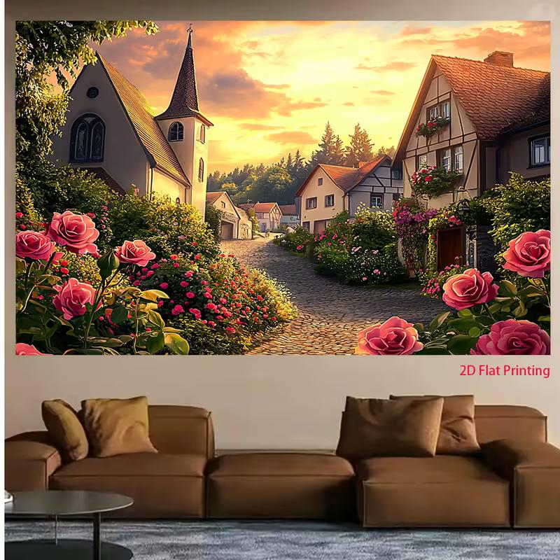 2D Sunset Cobblestone Street Backdrop with Roses for Travel Themed Party