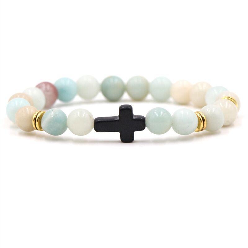 8MM Bright Frosted Stone Cross Bracelet Muticolor Beads Bangle for Women Men Fashion Pray Bracelets Jewelry Elastic Rope