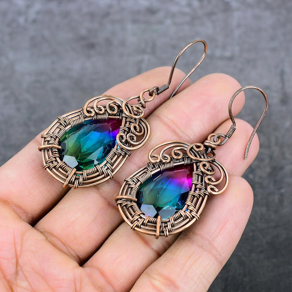 Двухцветный турмалин ручной работы, украшение-серьга с оплеткой из медной проволоки, 2,64 дюйма D3V77