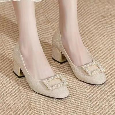 2024 Высококачественная женская обувь, цельные женские туфли на высоком каблуке, модные туфли с квадратной пряжкой для офиса и офиса, профессиональные новые туфли с кристаллами на высоком каблуке