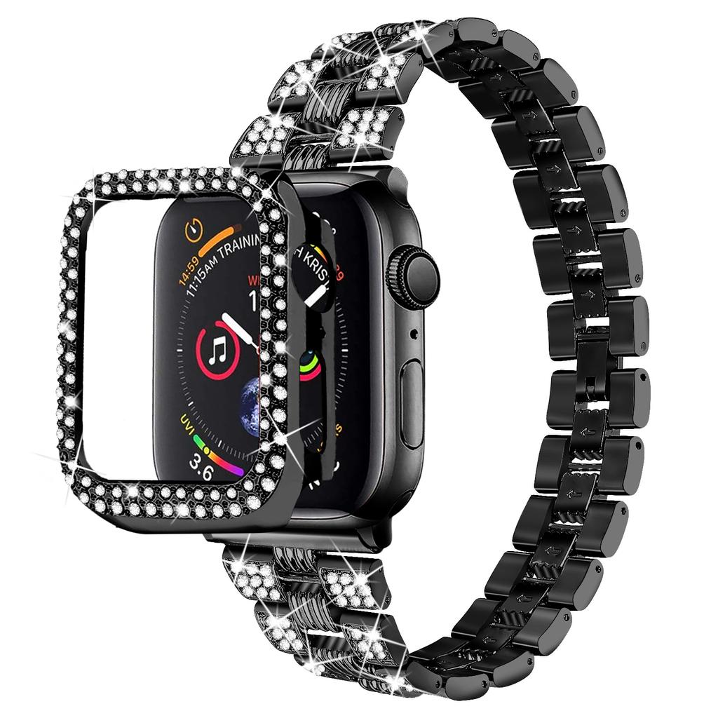 For Apple Watch Series 7 45mm 2-in-1 Design Stainless Steel Rhinestone Thread Watch Strap+Anti-drop Hard PC Watch Case