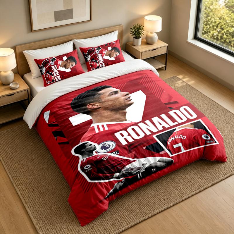 3-Piece Bed Sheet Set with Cristiano Ronaldo Design, 1 Flat Sheet and 2 Pillowcases for Bedroom