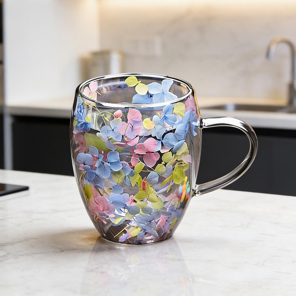 Double Layer Glass Cup Double Wall Glass Coffee Mug with Handle Insulated Heat Resistant Cup for Hot Drinks Colorful Petal