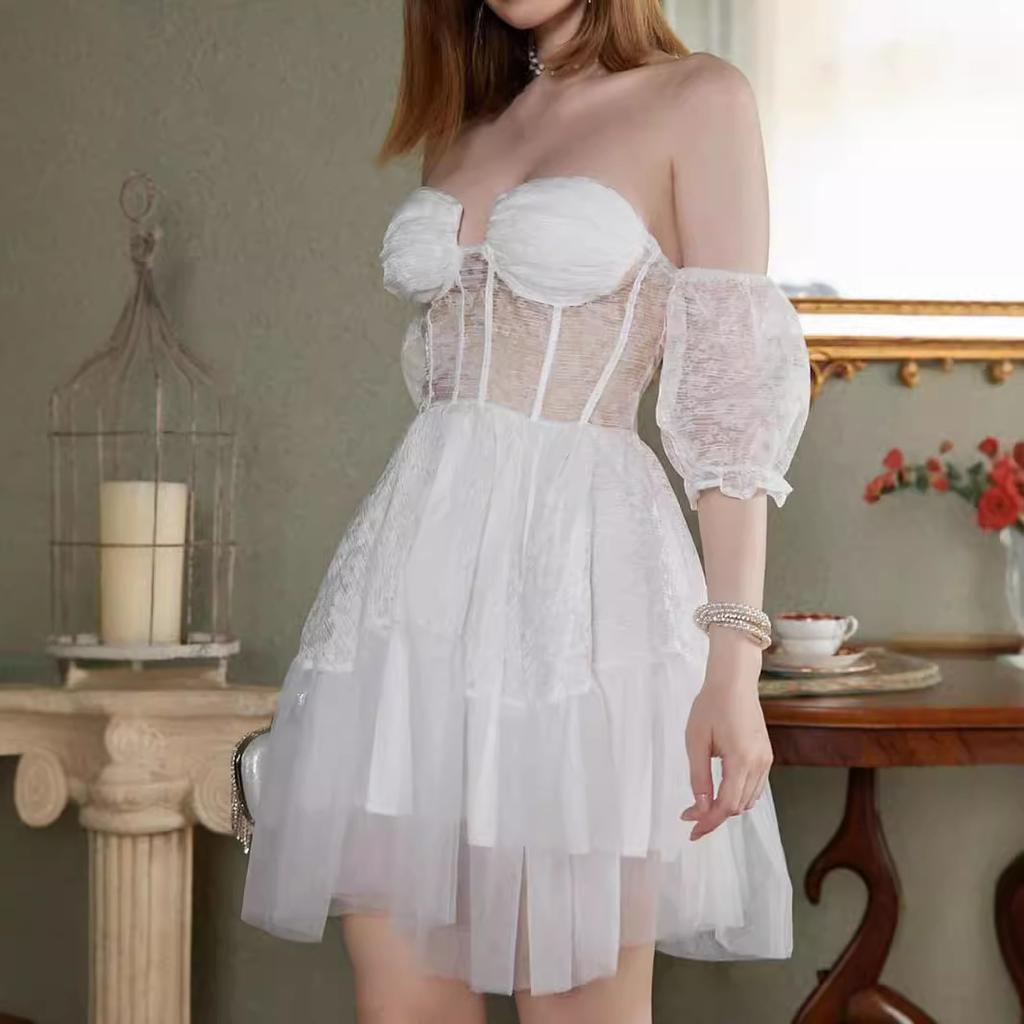 Женское платье с V-образным вырезом и открытыми плечами, кружевное мини-платье принцессы, белое платье для подружки невесты