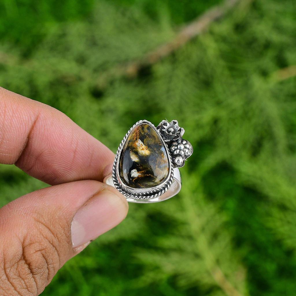 Pear Natural Golden Pietersite 925 Sterling Silver Flower Stackable Ring Jewelry