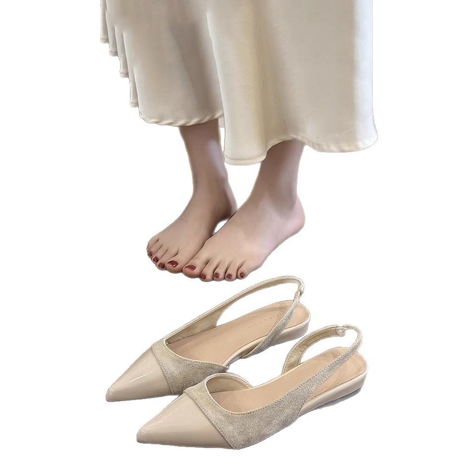 Французский нежный ветер нюдовые туфли-лодочки на низком каблуке женские 2025 лето новая модель острый носок мелкий вырез темперамент пустая сумка голова сандалии