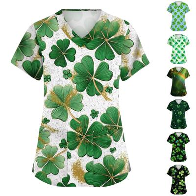 Женская мода с v-образным вырезом, короткими рукавами и карманами, топы с принтом