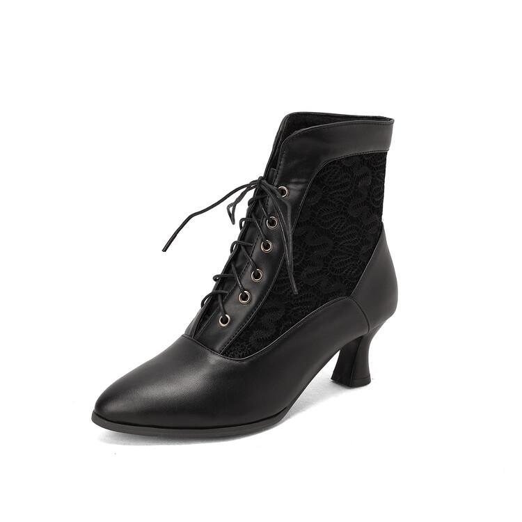 Fashion Women Victorian Ankle Boots Leather Lace Heel Shoes for Women Fashion Lace Up Spliced Ladies High Heels Woman Boots Ankle 46