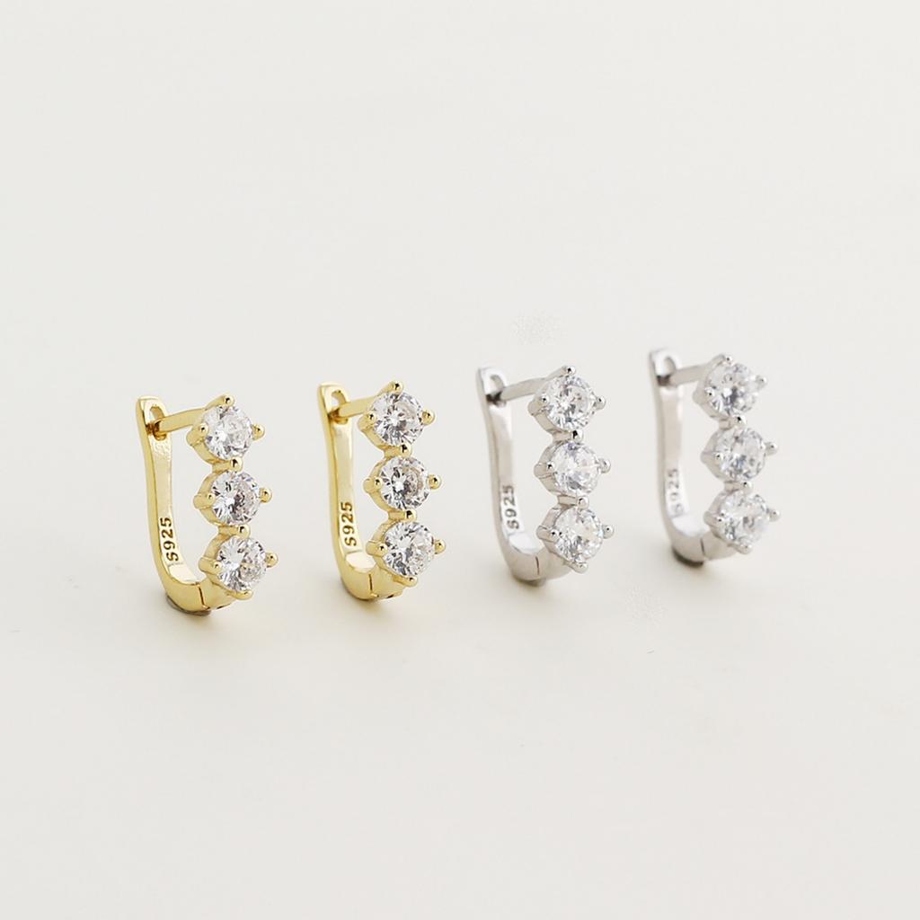 VEWANT S925 Sterling Silver 18K Gold/Rhodium Plated 3 Stone CZ U Shape Huggie Hoop Earrings Fine Jewelry for Women